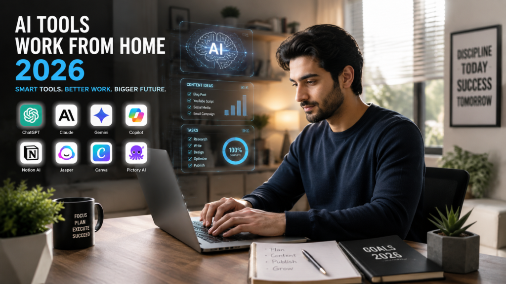 Person using AI tools on laptop while working from home in 2026 with productivity, content creation, and digital workspace setup